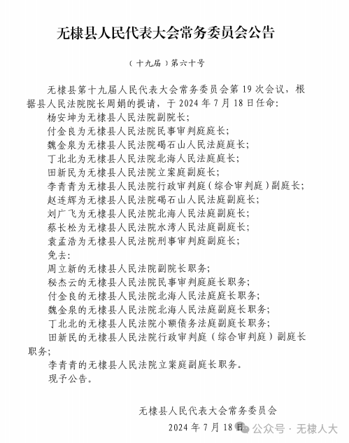 无棣县人大常委会最新任免公告